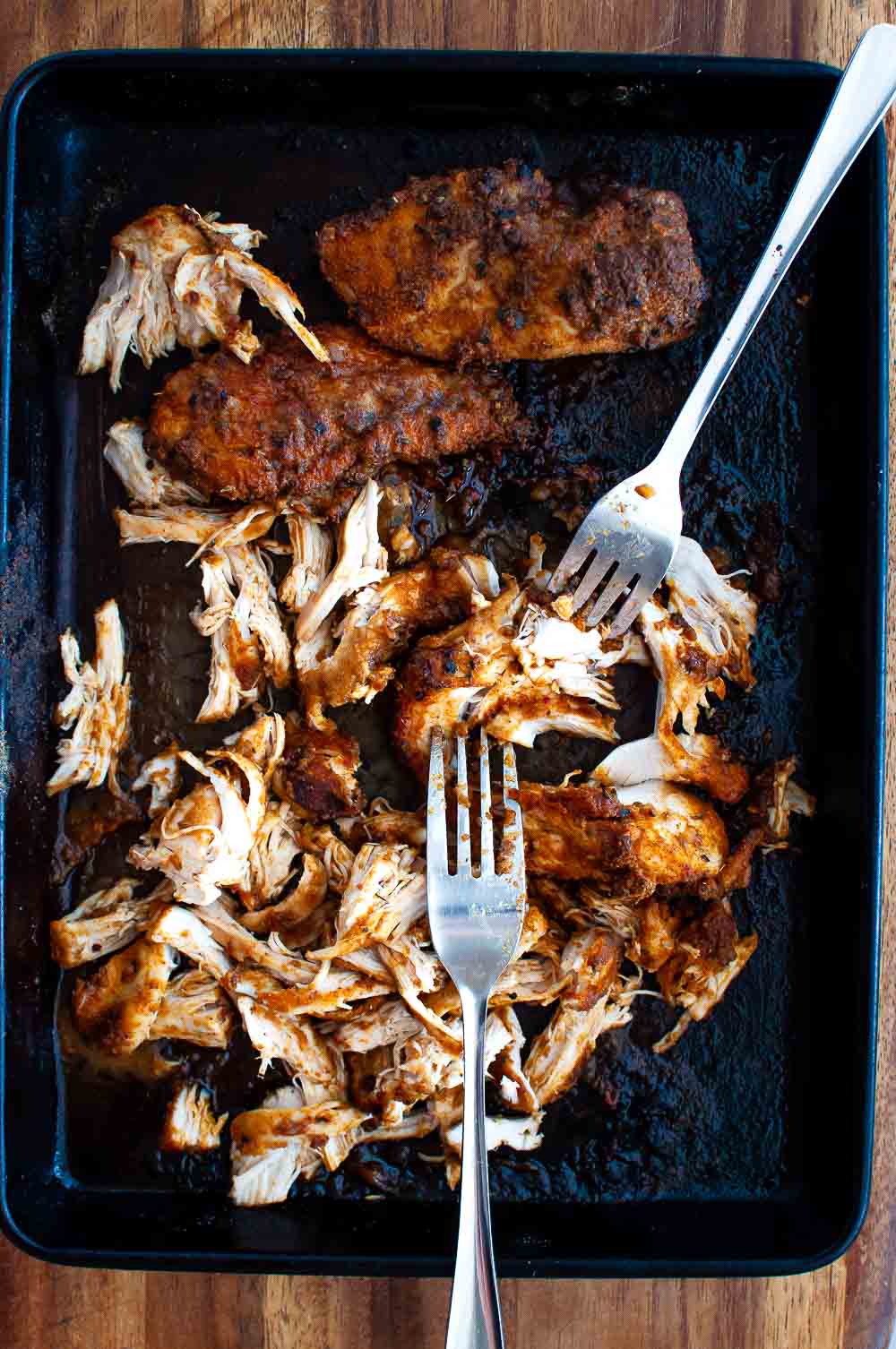 pulled mexican chicken in baking tray