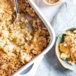 apple crumble in a white rectangle dish
