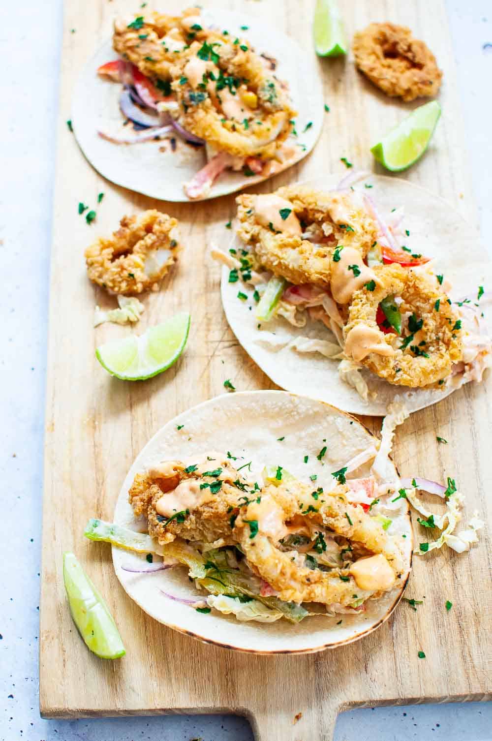 calamari tacos on a serving platter