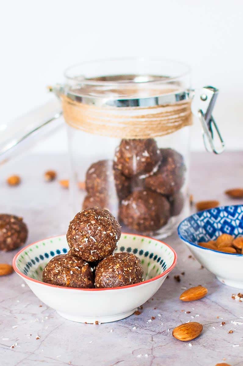 almond butter bliss balls in a bowl