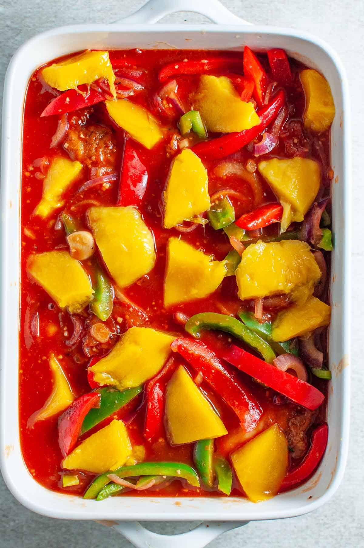 Mango chicken bake in a baking dish