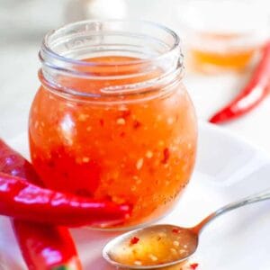 glass jar with homemade sweet chilli sauce