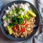 thai chicken mince with rice and brocolli