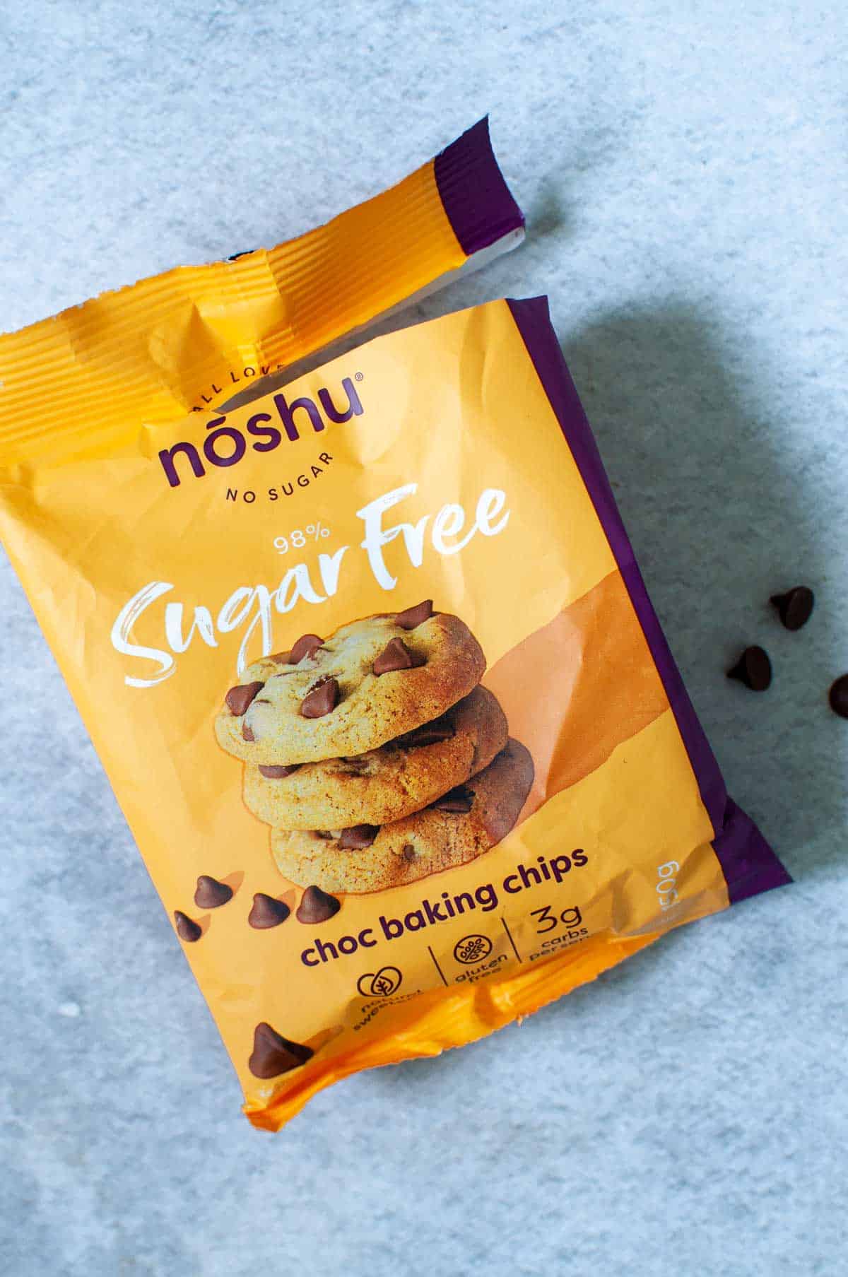 A packet of NoShu sugar free chocolate chips