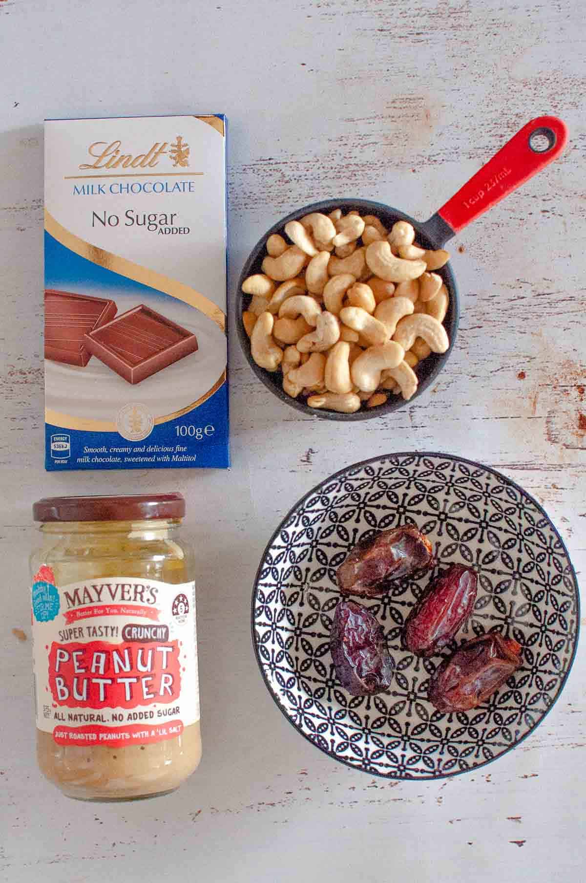 chocolate, cashews, medjool dates and no added sugar peanut butter