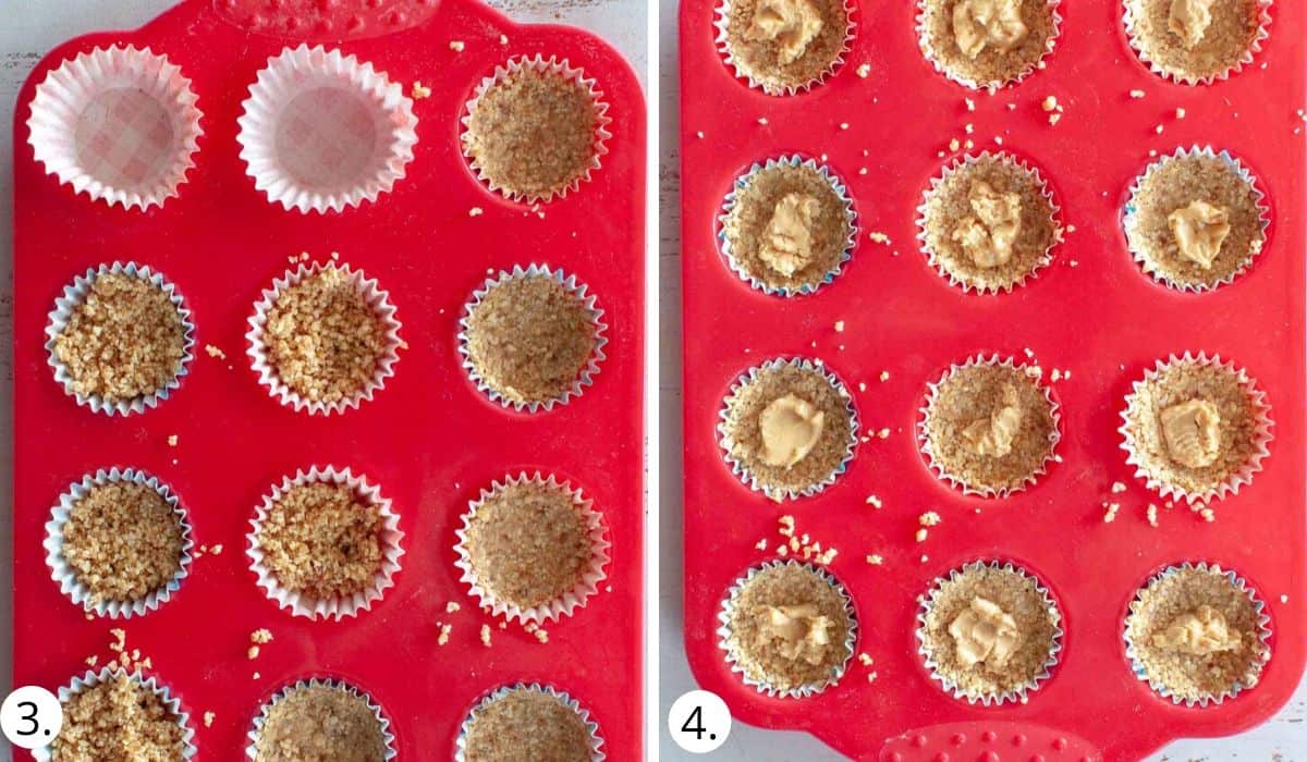 Press base into muffin cases and adding extra peanut butter