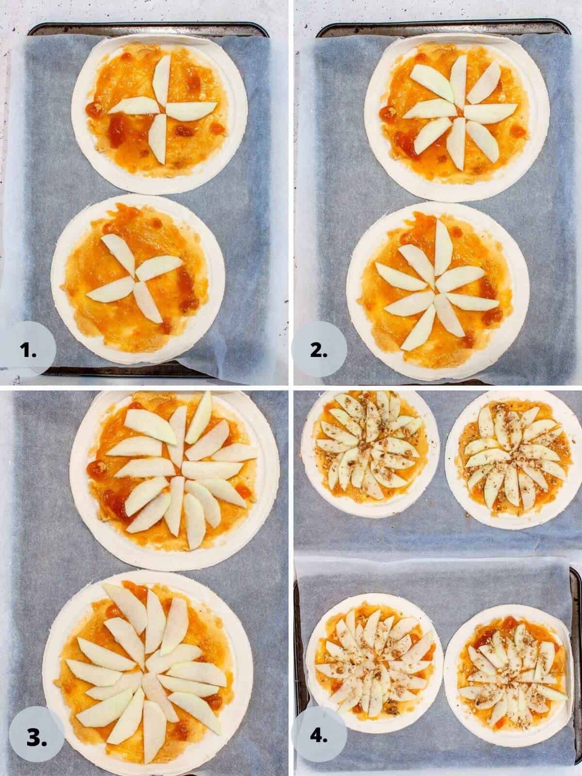 How to lay apple pieces on the round pastry sheet