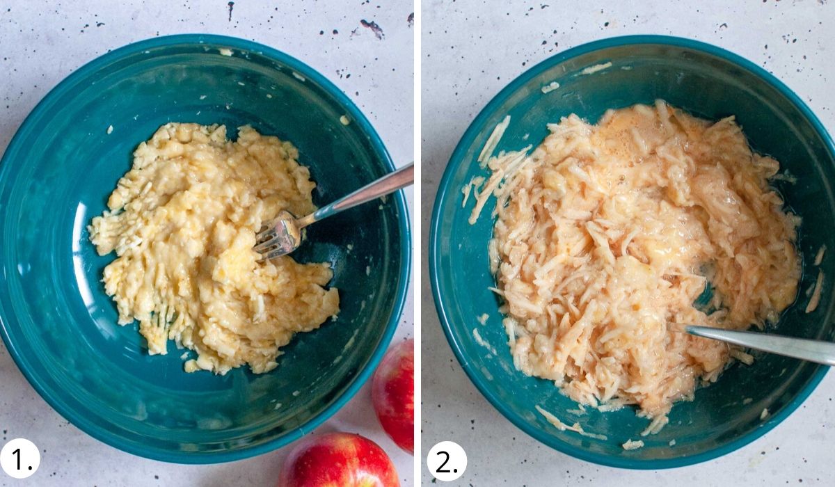 mashing bananas and grating apples