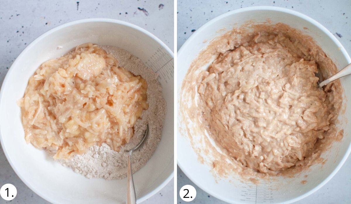mixing wet ingredients into the dry ingredients