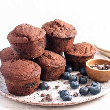 Chocolate blueberry muffins on a plate