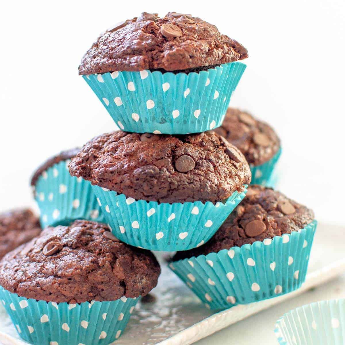 a stack of Double Chocolate Chip Muffins