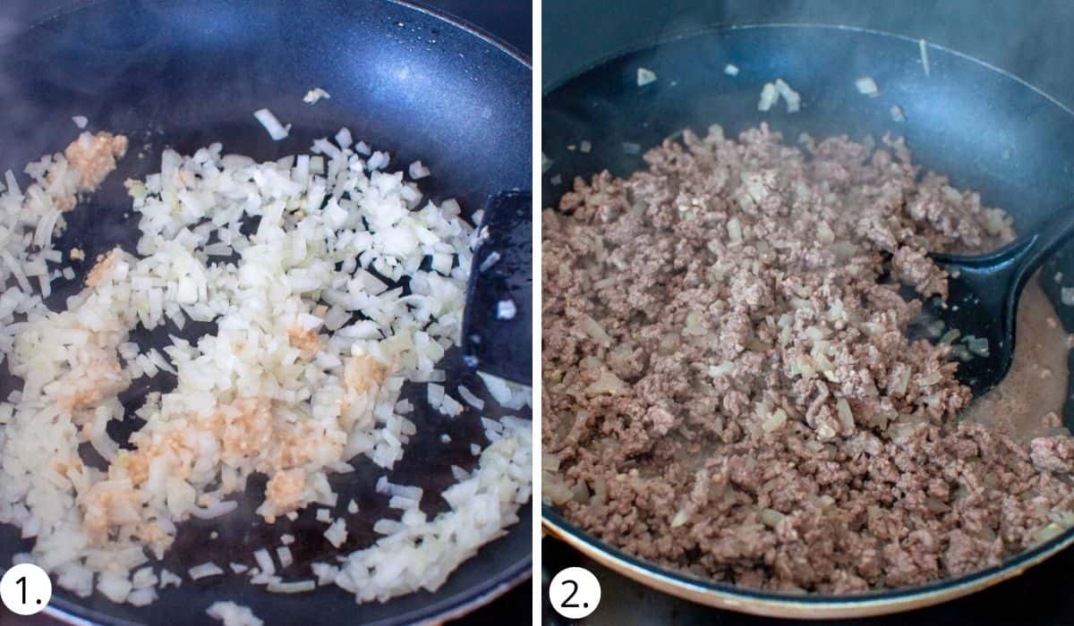 cooking onions, garlic and beef mince in a pan