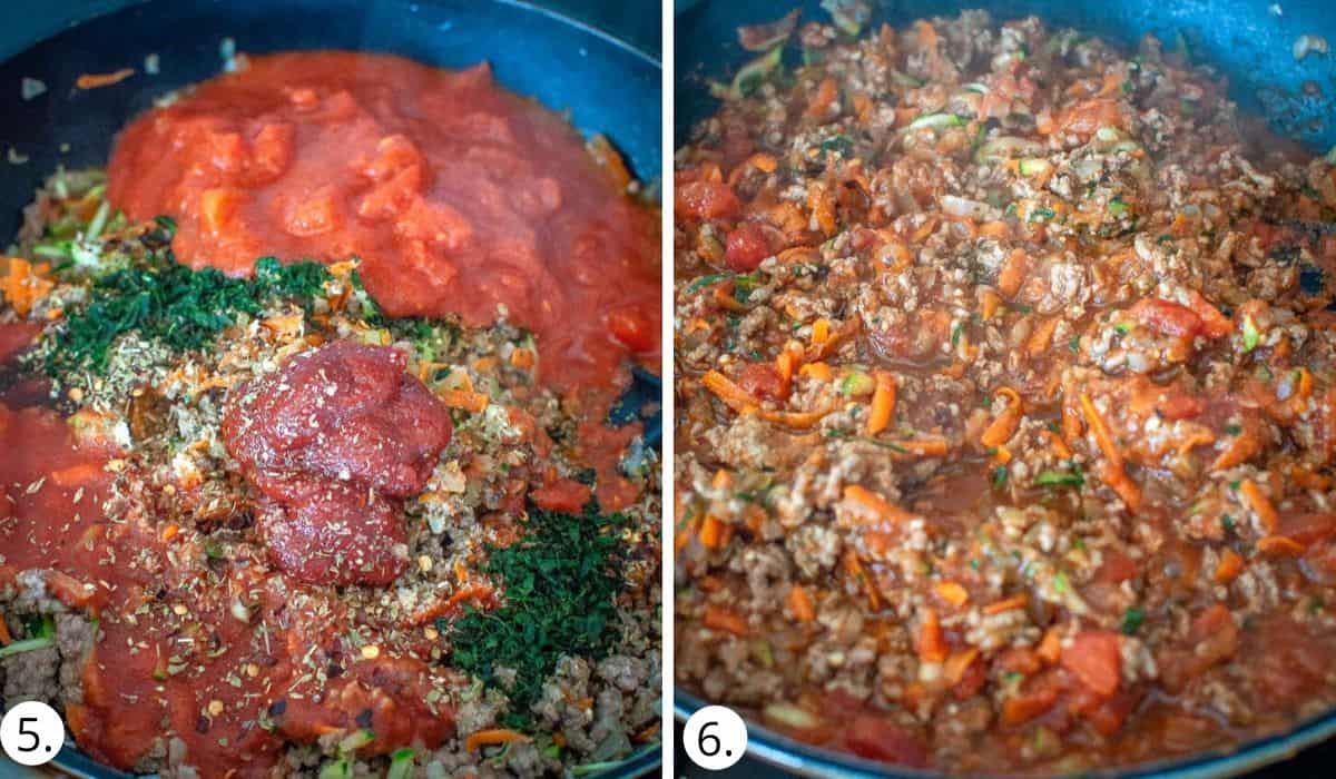 cooking ragu bolognase sauce in a pan on the stove