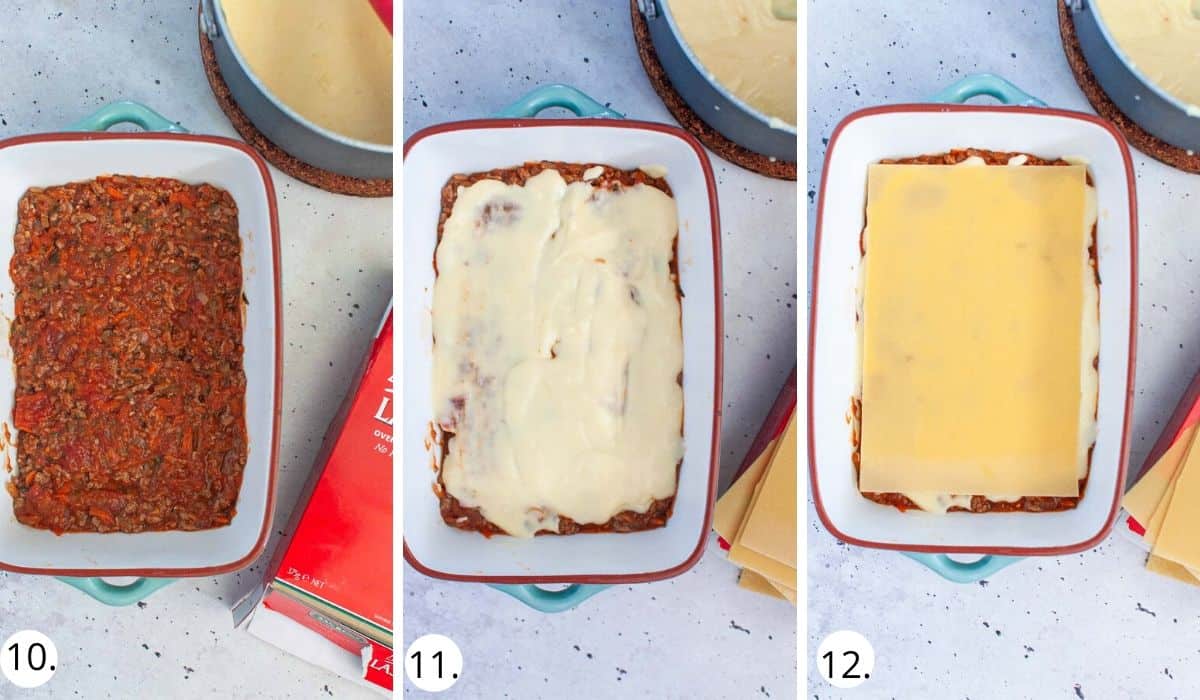 assembling the lasagna in a casserole dish