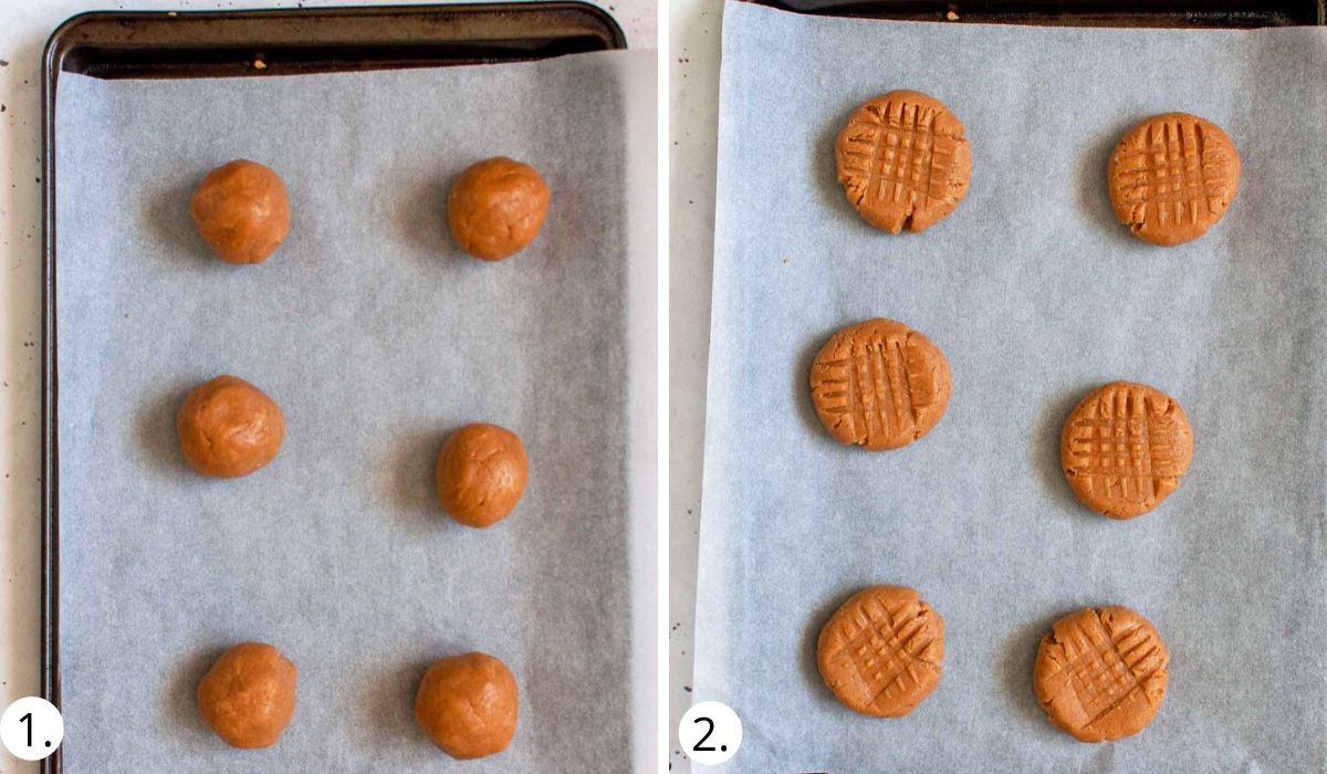 Rolling the cookie dough into balls and pressing out on a tray