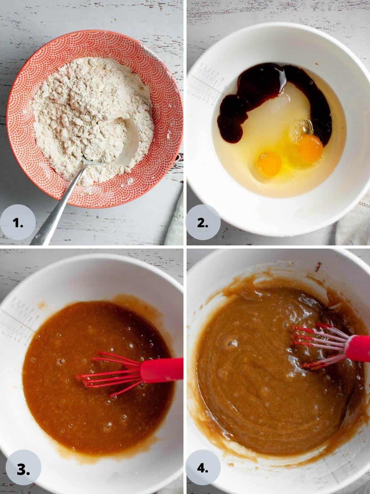 Steps 1 to 4 of making the cake batter