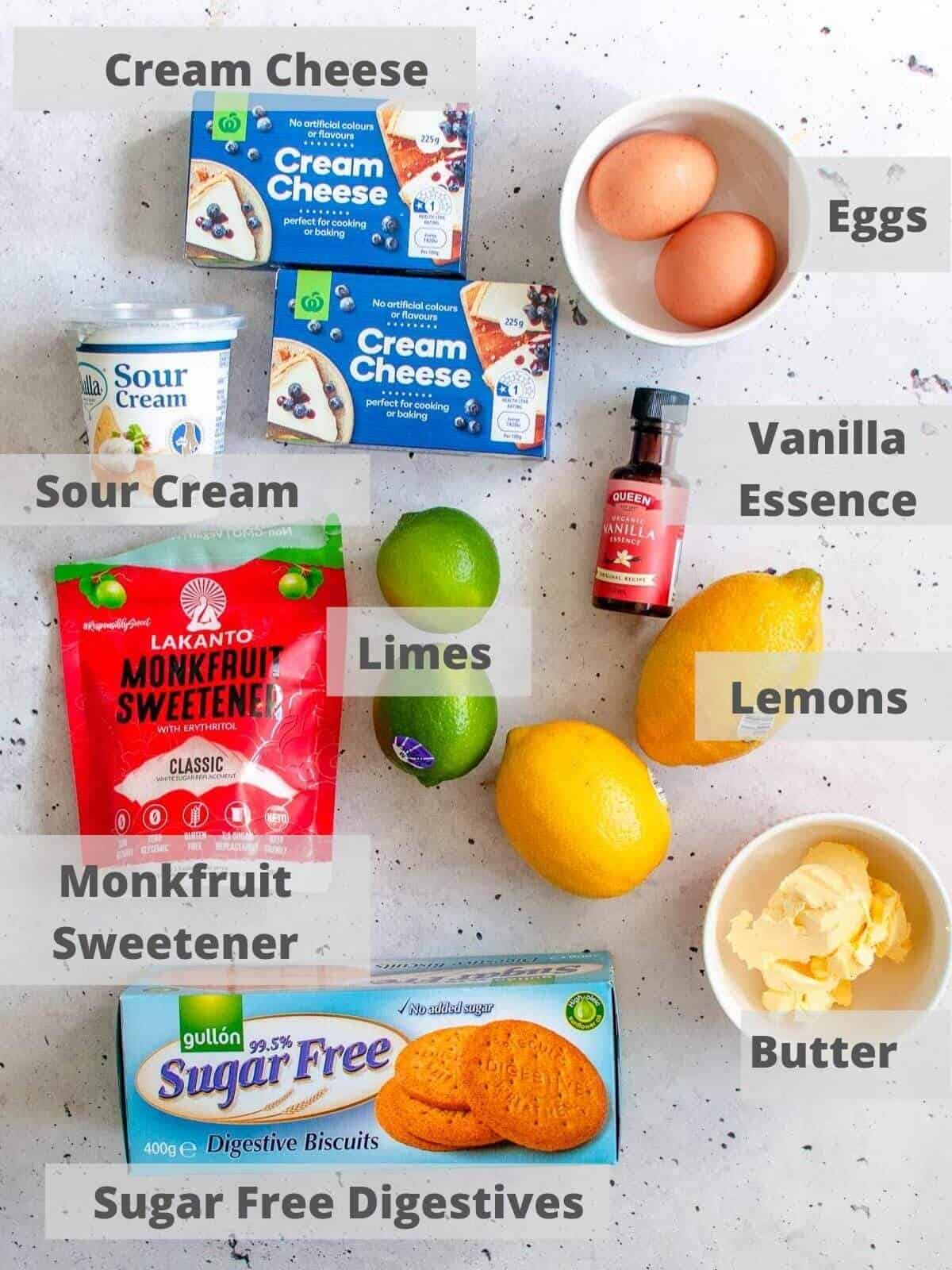 Ingredients for lemon and lime cheesecake