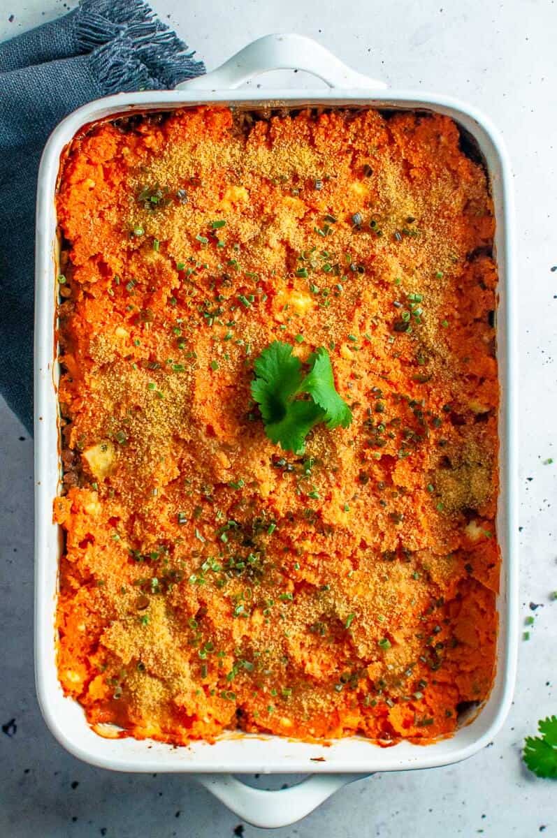 freshly baked cottage pie with beef and sweet potato