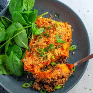 Moroccan Shepherds Pie - on a plate with a fork