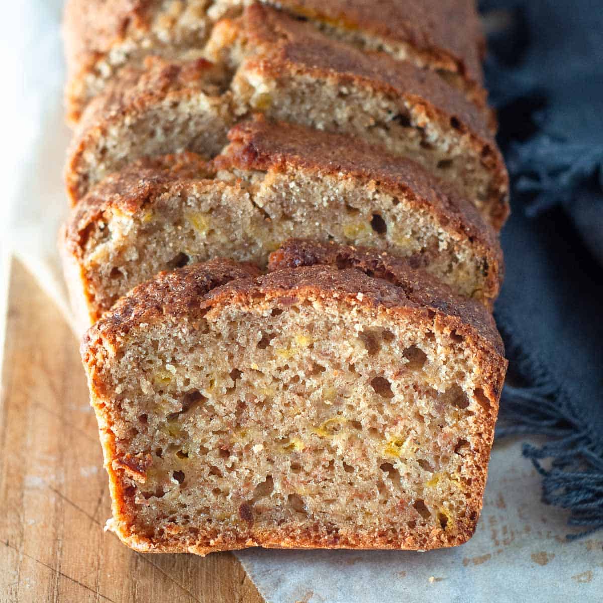 slices of dairy free banana bread on a board