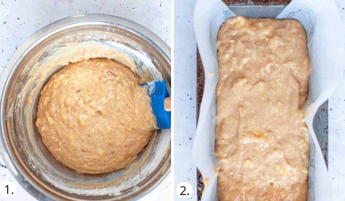 pouring banana bread batter into loaf tin