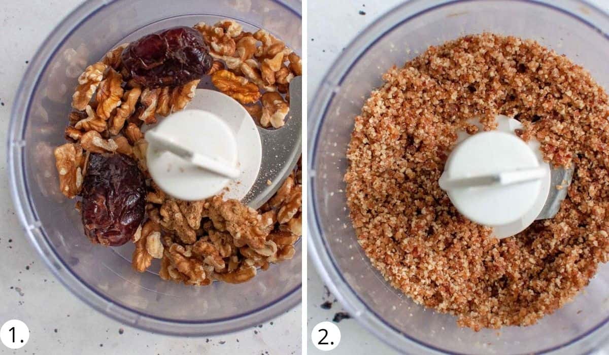 blitzing dates and walnuts in a food processor