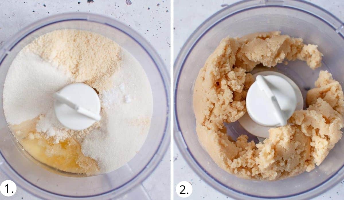 ingredients for lemon bar base in a food processor