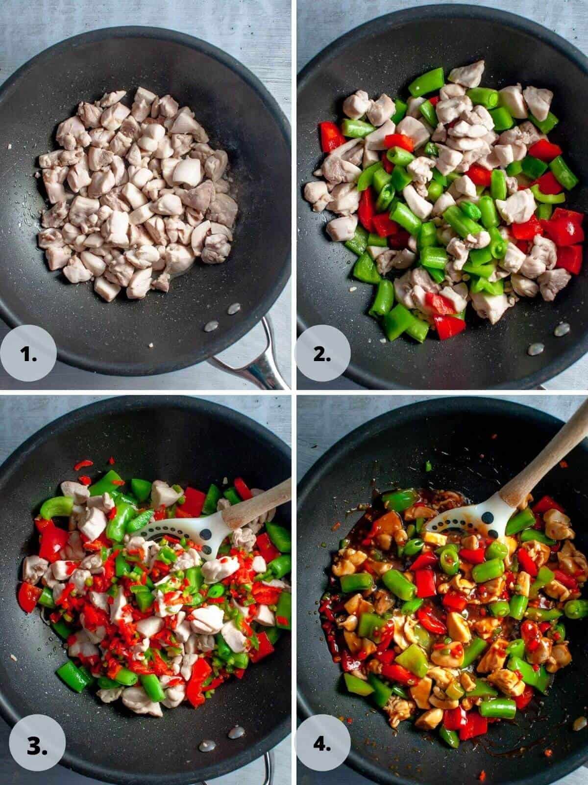 Stirfrying chicken and vegetables in a wok