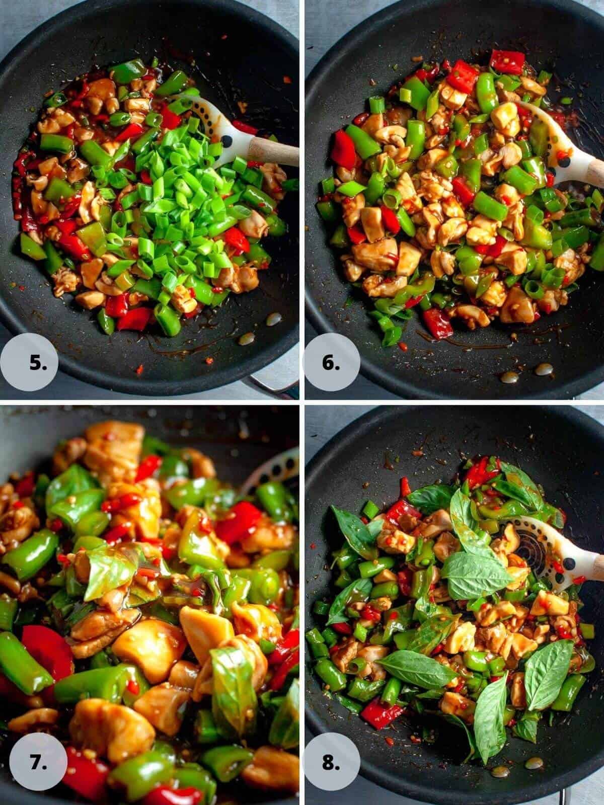 Adding shallots and thai basil to the chicken and vegetables in the wok