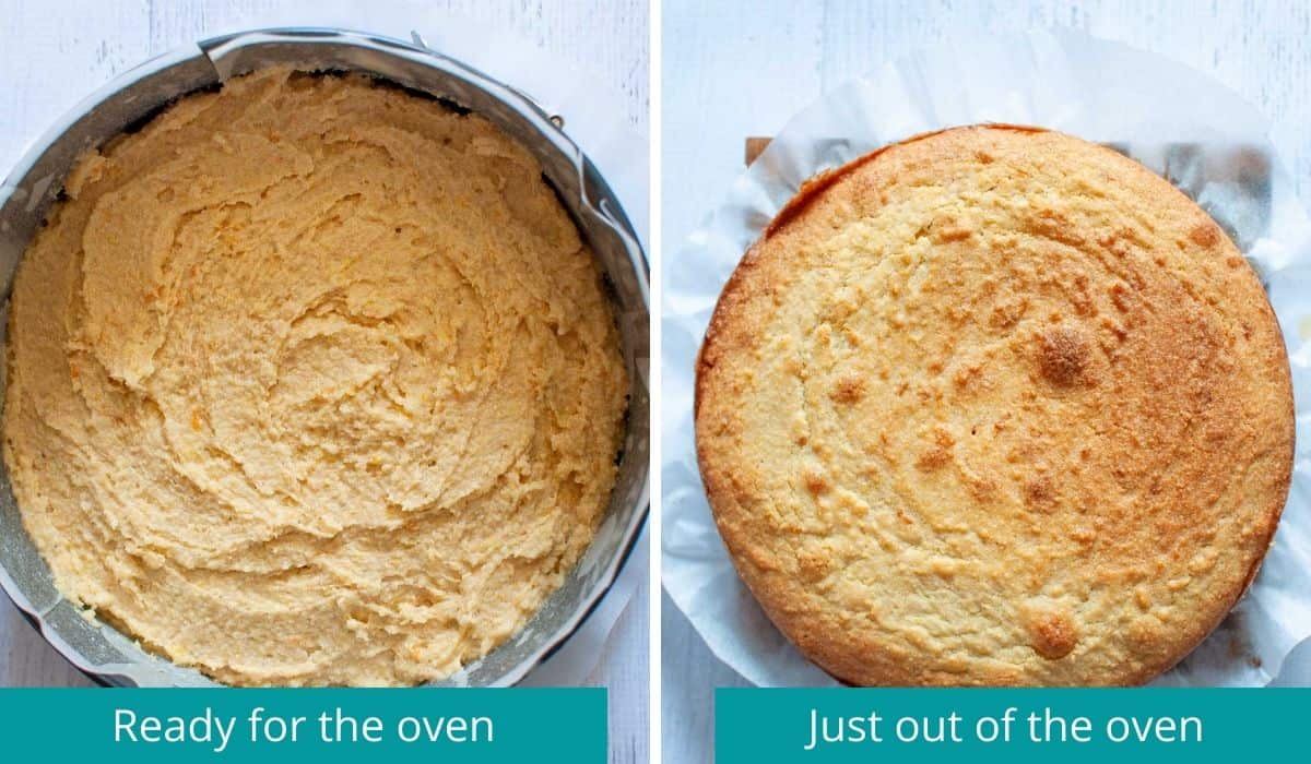 orange polenta cake before and after baking