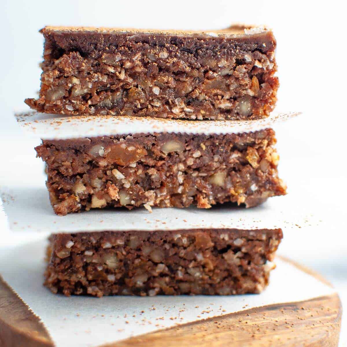 a stack of three healthy no bake chocolate weetbix slices