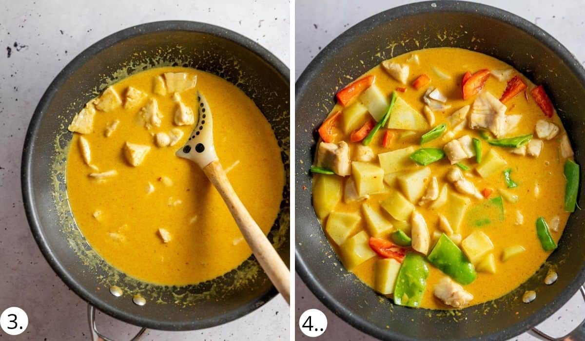 Adding vegetables and fish to wok of curry sauce