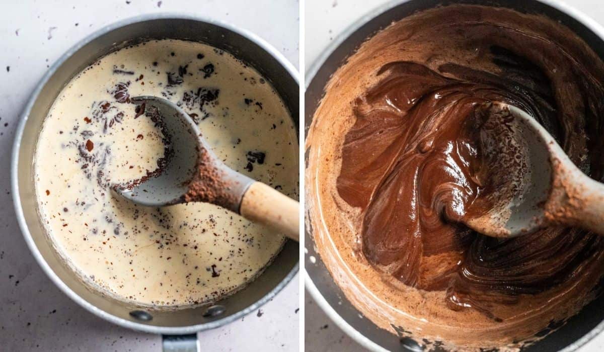 Making chocolate ganache in a pot on stove