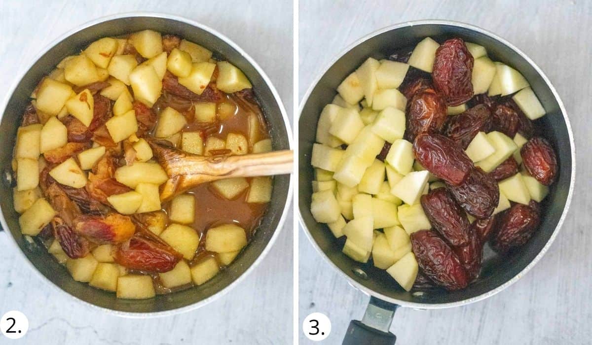 softening dates and apples in a pot on stove