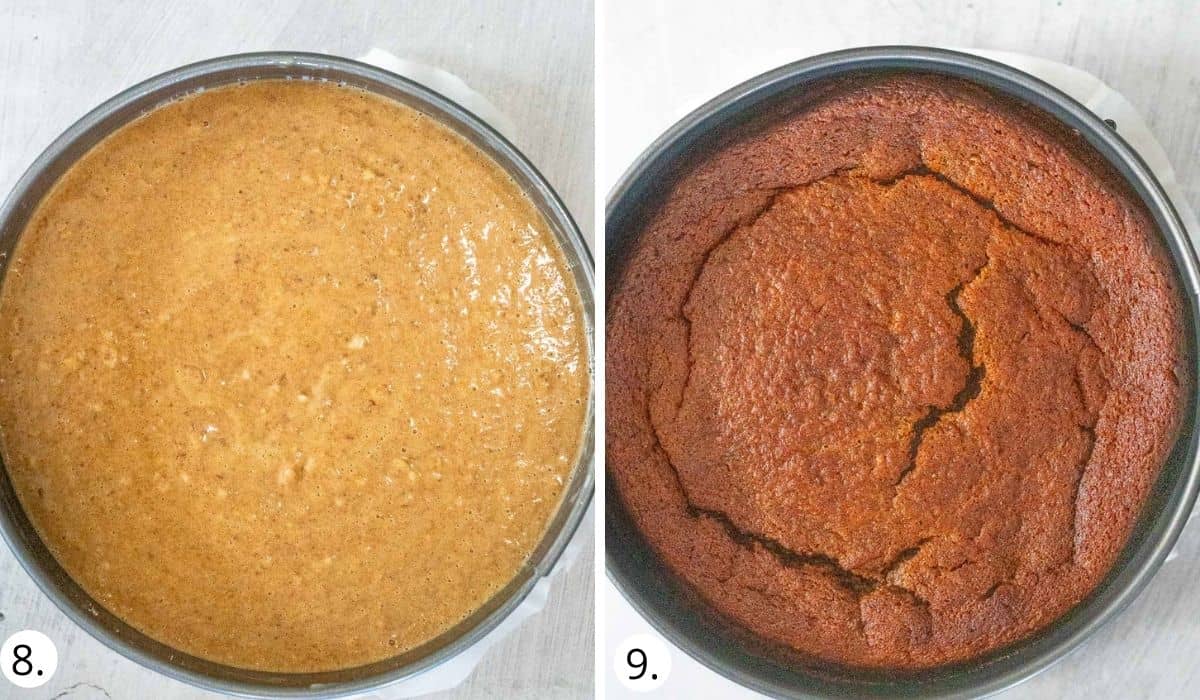 Healthy sticky date cake before and after coming out of oven