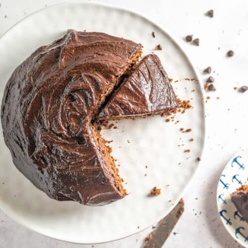 chocolate cake on a white serving plate