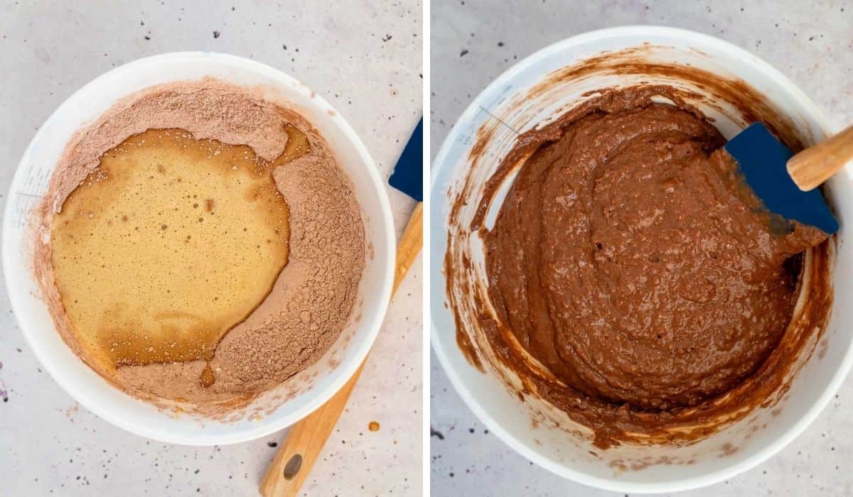 Mixing wet ingredients into dry ingredients to make a batter