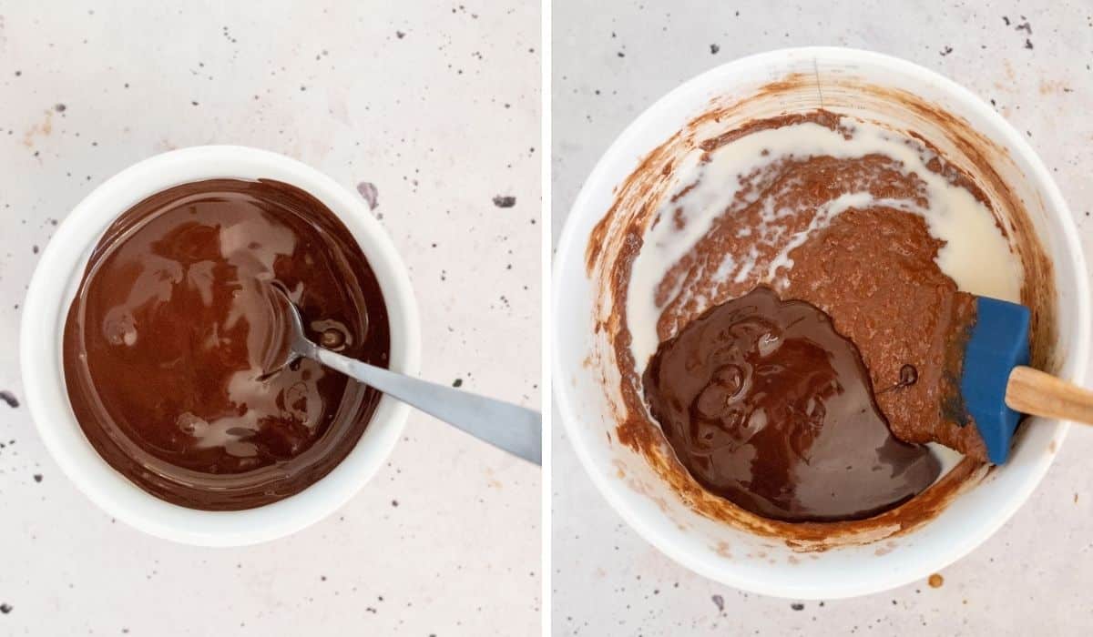 Mixing melted chocolate into the cake batter