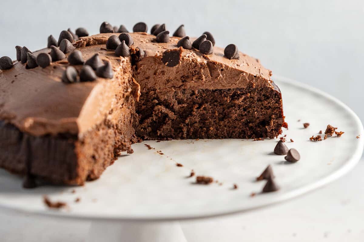 sliced chocolate cake on a platter