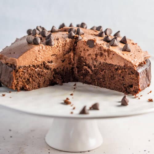 Almond Meal Chocolate Cake sliced on a serving platter