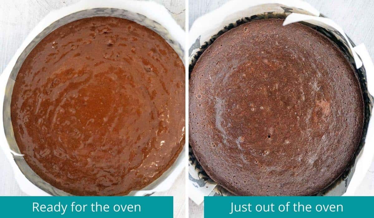 almond meal chocolate cake before and after oven