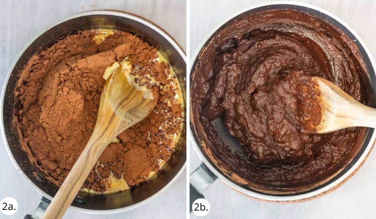 chocolate fudge ingredients in a pot with wooden spoon