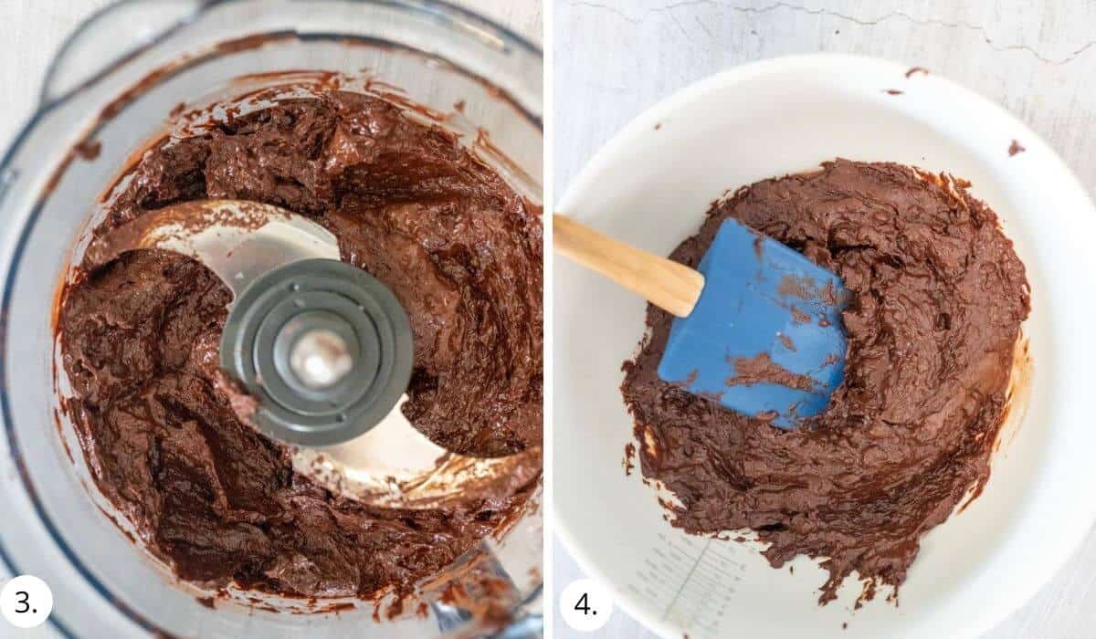 blitzing dates and fudge mixture in a food processor