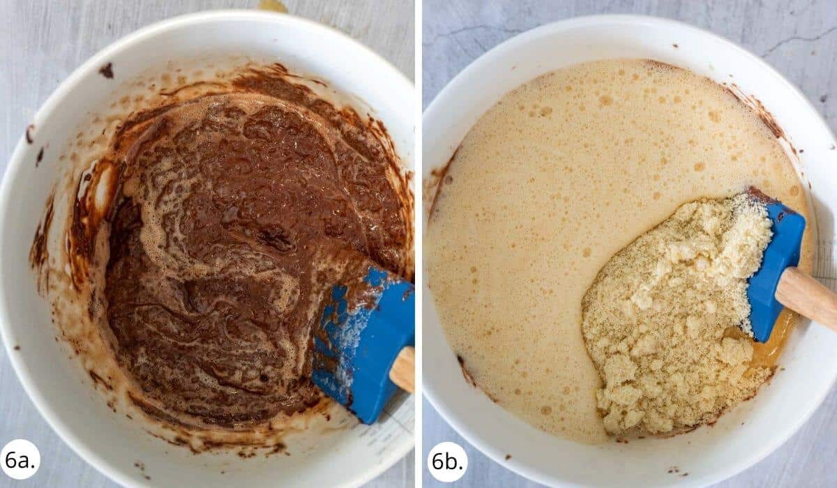 mixing eggs into chocolate mixture