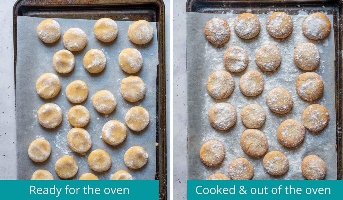 Amaretti biscuits before going into oven and out of the oven