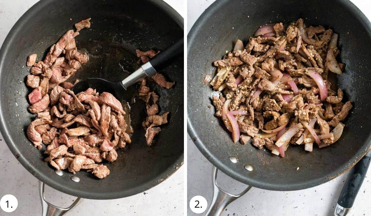 stirfrying beef strips in a wok