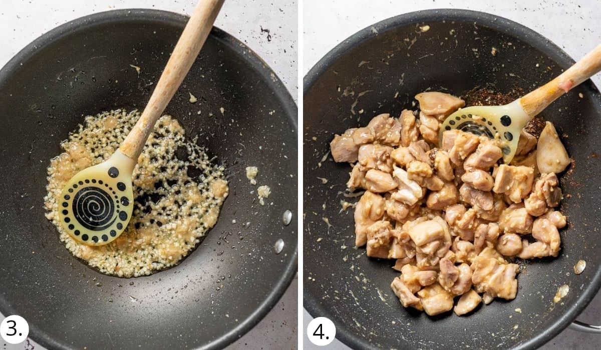 cooking garlic, ginger and chicken in a wok