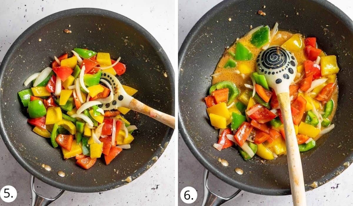 stir frying veges and sauce in a wok