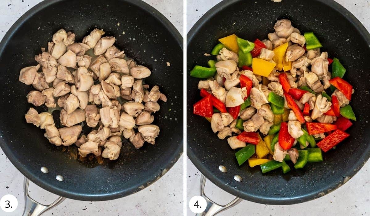 cooking chicken and vegetables in a wok