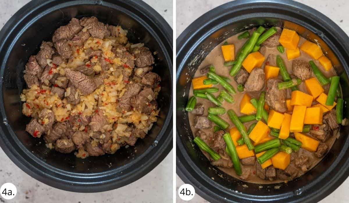 Adding onions, pumpkin and beans to slow cooker pot with beef 